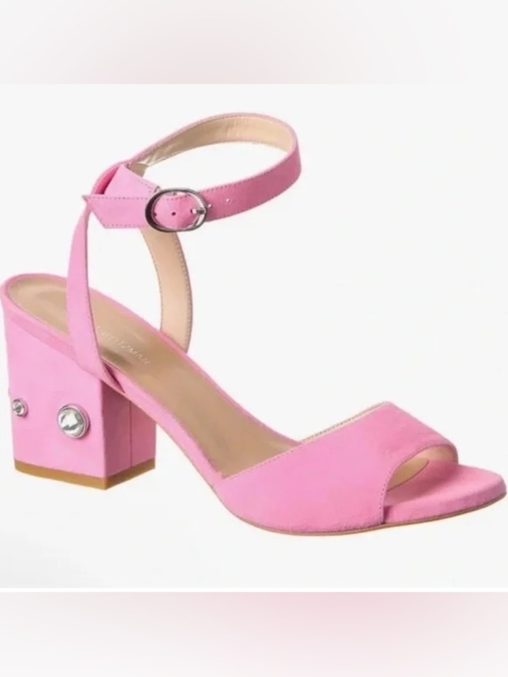 Stuart Weitzman Allshine 75 Crystal-Embellished Suede Sandals in pink.
